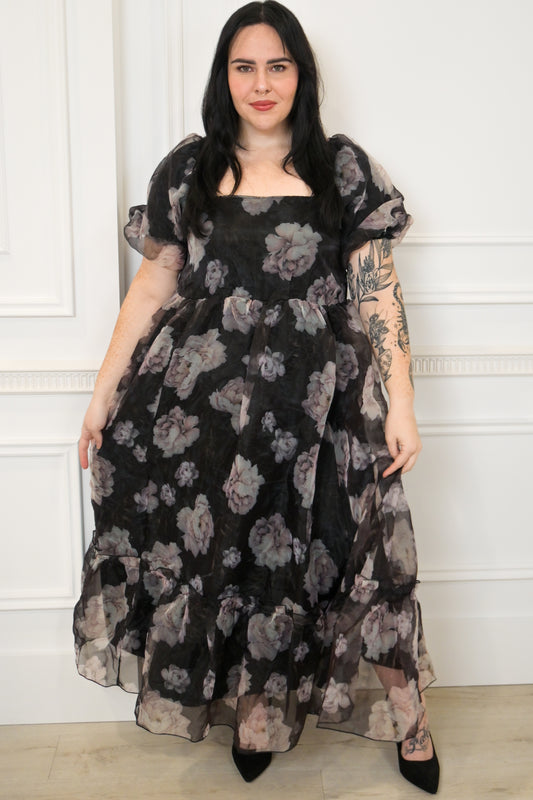 Plus size black floral selkie dress