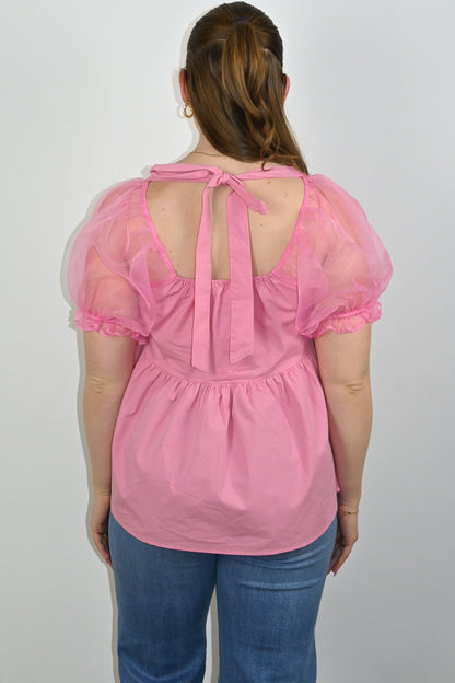 Plus size Pink Babydoll top with organza sleeves