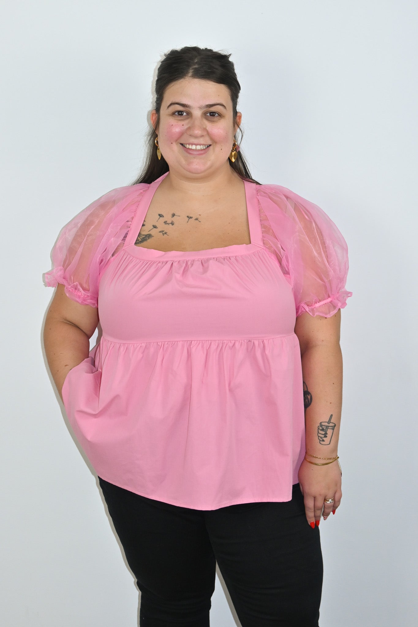 Plus size Pink Babydoll top with organza sleeves
