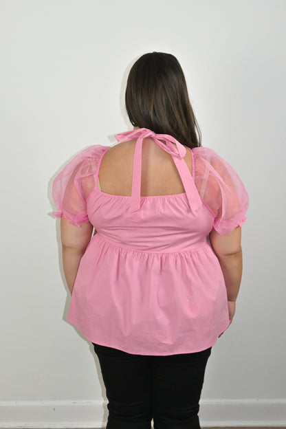 Plus size Pink Babydoll top with organza sleeves