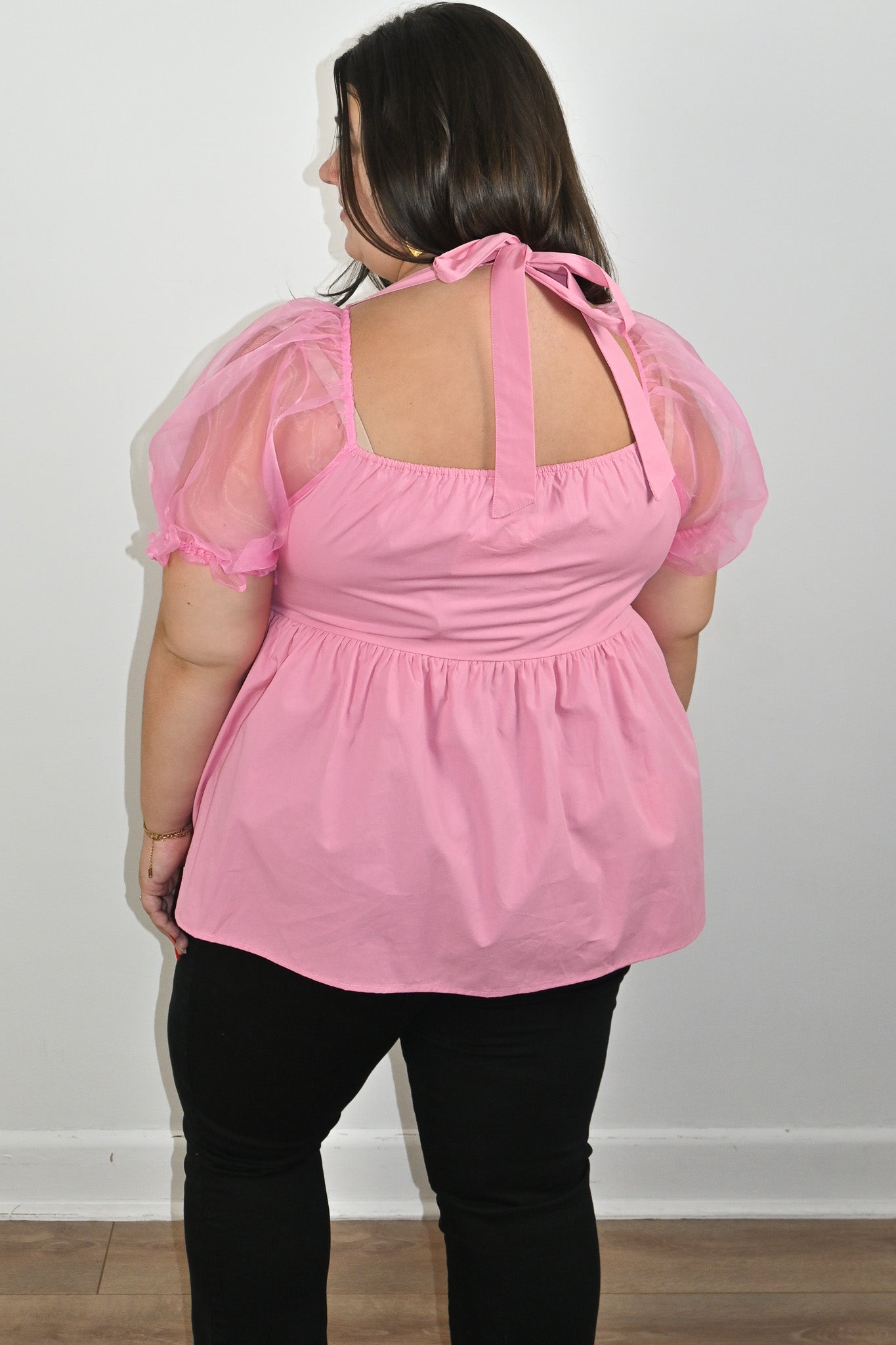 Plus size Pink Babydoll top with organza sleeves