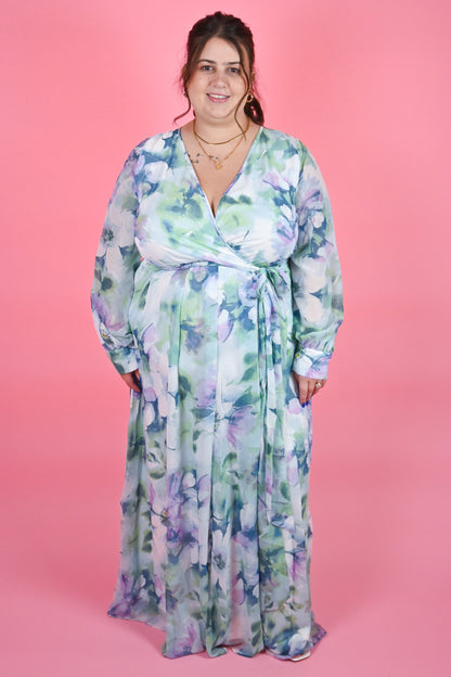 RicaRica Blue watercolor floral maxi dress with long sleeves