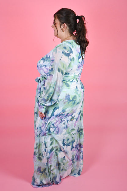 RicaRica Blue watercolor floral maxi dress with long sleeves