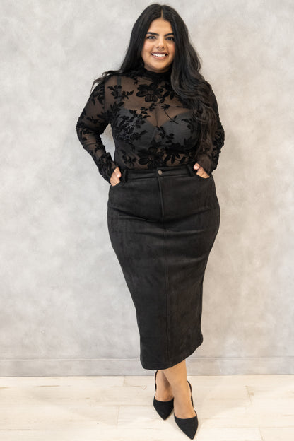 Faux Suede Midi Skirt (S-3X)