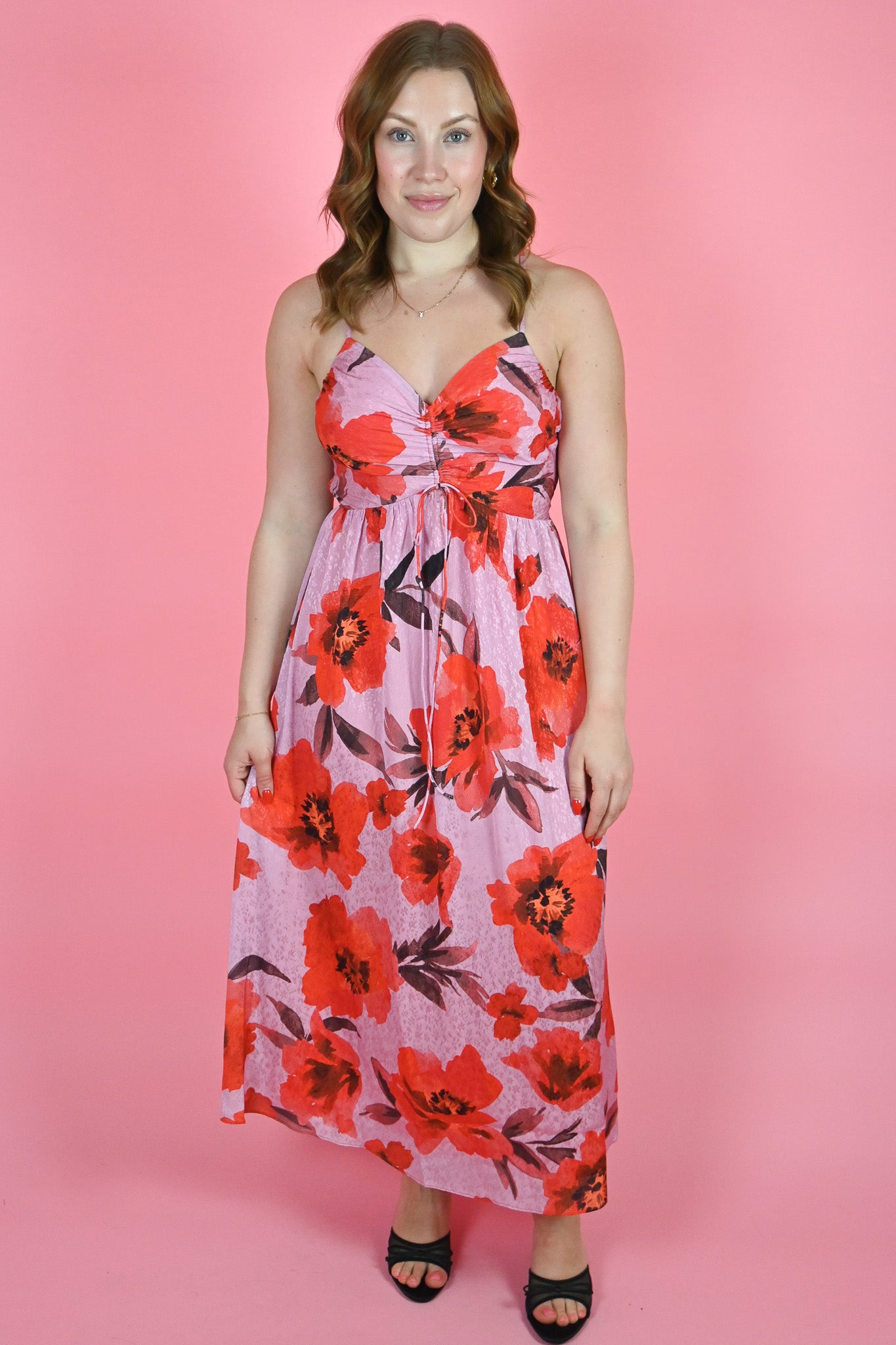 Adelyn Rae Luanne Midi Dress Pink and red floral midi dress Vacation dress 