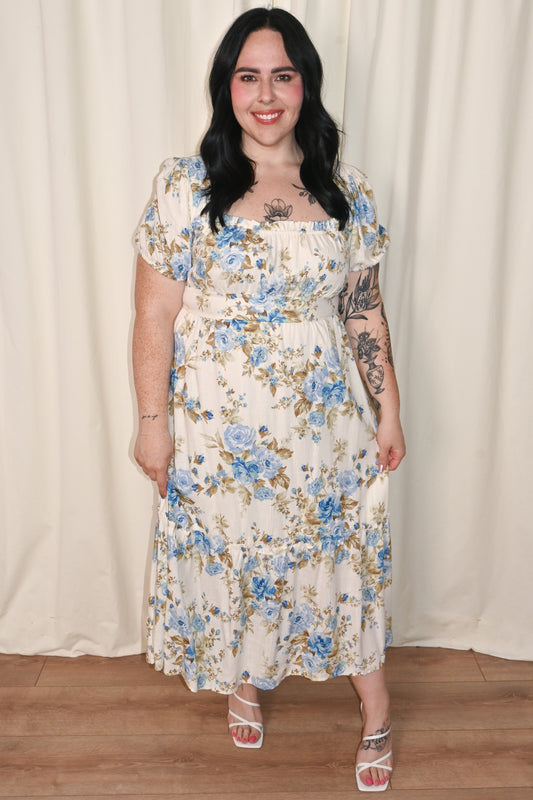 Short Sleeve Floral Midi Dress (S-3X)