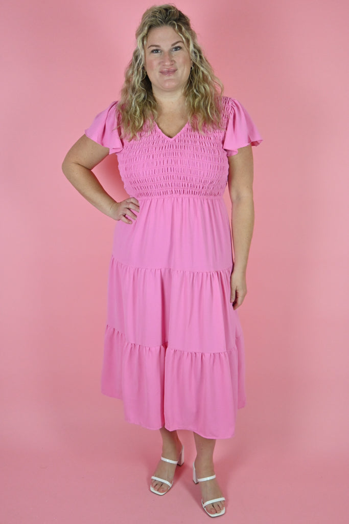 Plus size pink smocked midi dress 