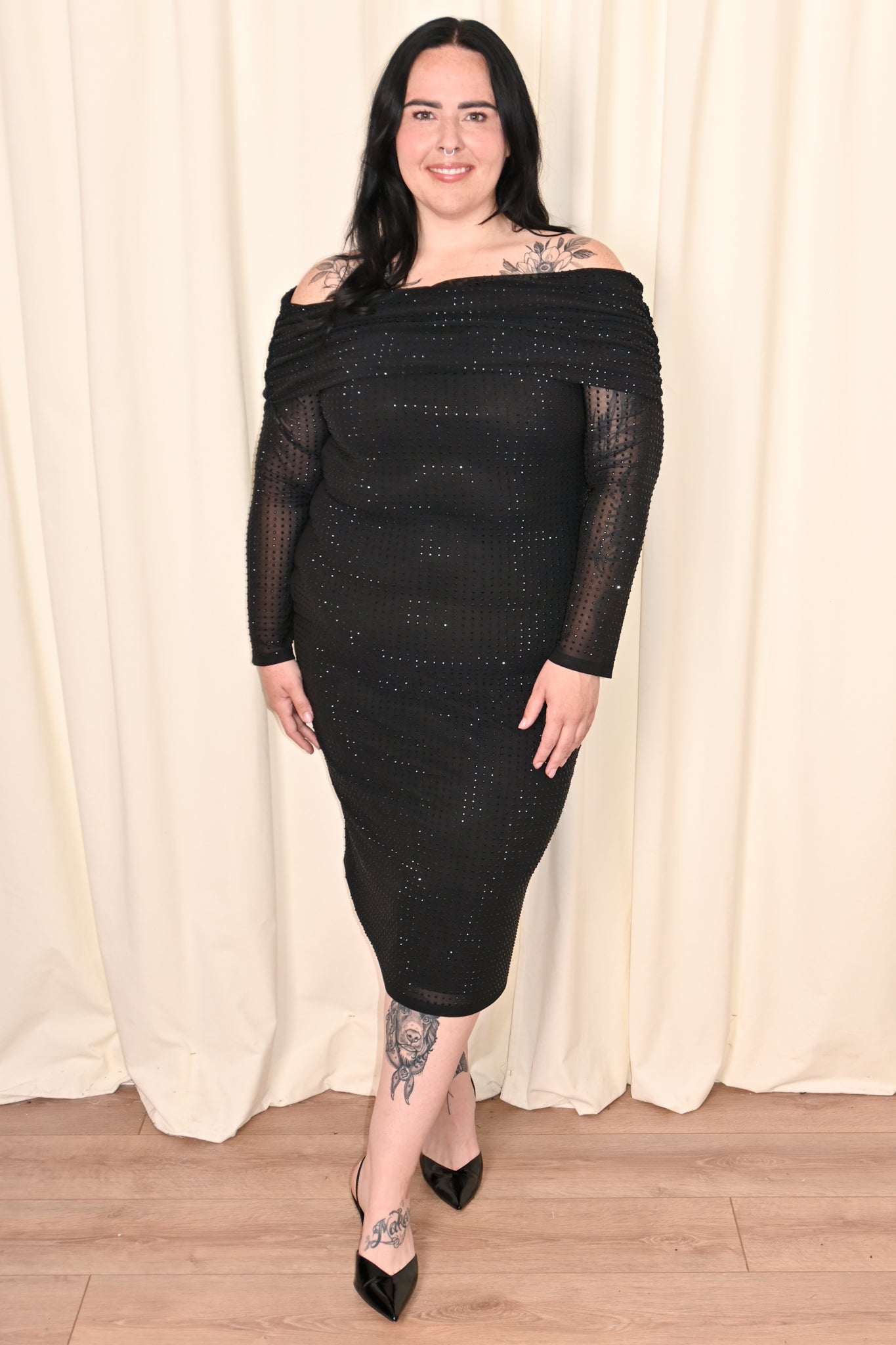 CURVE Rhinestone Mesh Off-Shoulder Midi Dress