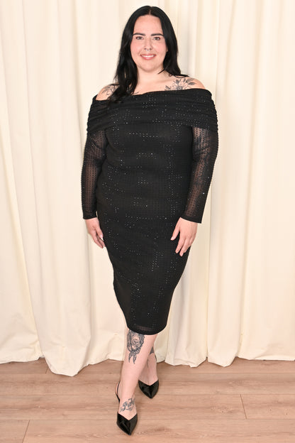 CURVE Rhinestone Mesh Off-Shoulder Midi Dress