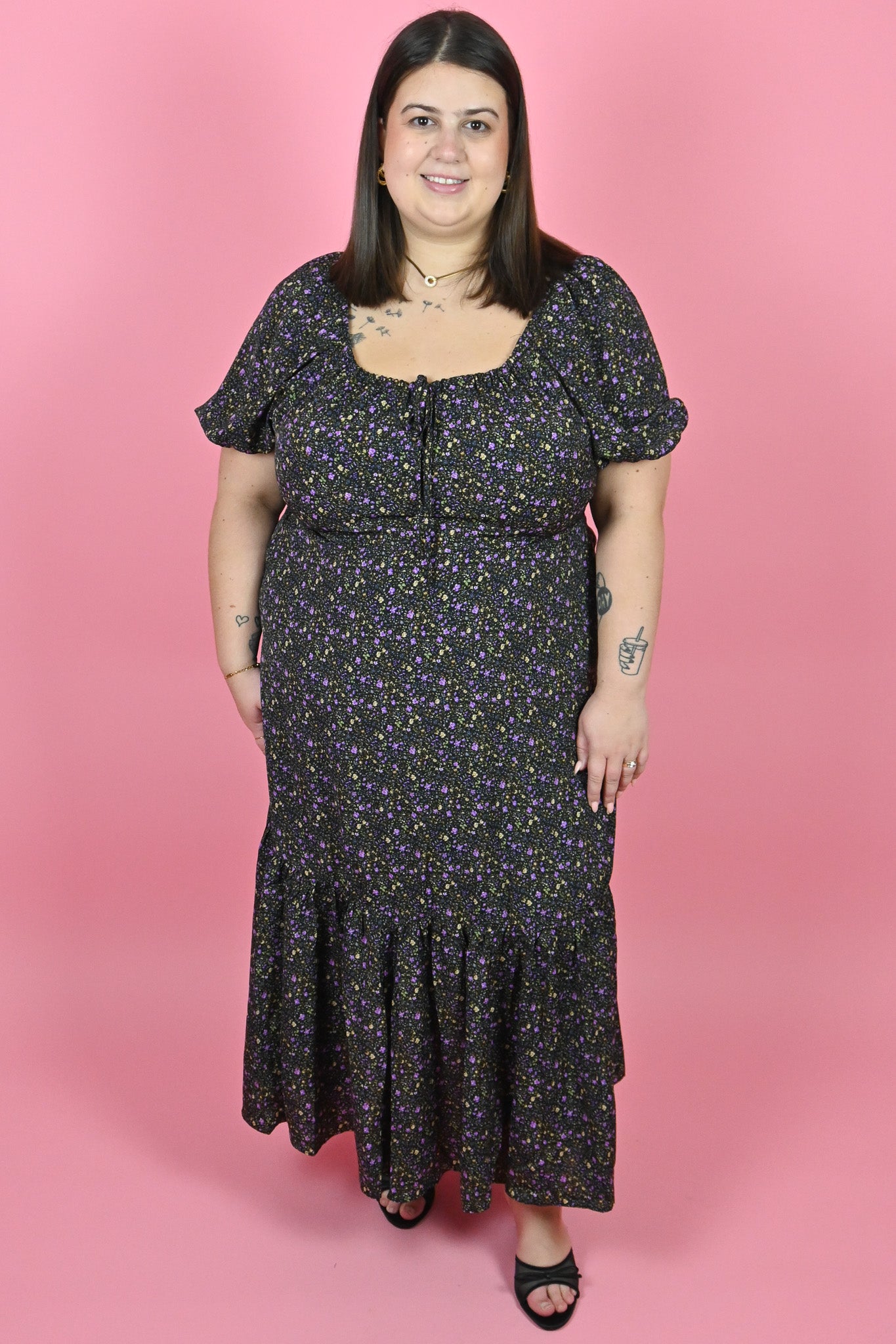 Plus Size Peasant Style Puff Sleeve Floral Dress