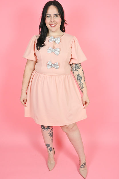 plus size puff sleeve dress with rhinestone bows