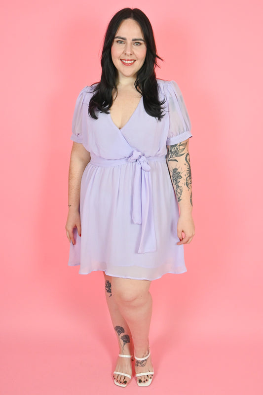 lavender faux wrap mini dress plus size 