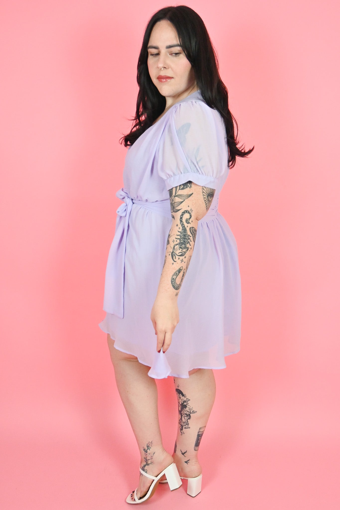 lavender faux wrap mini dress plus size