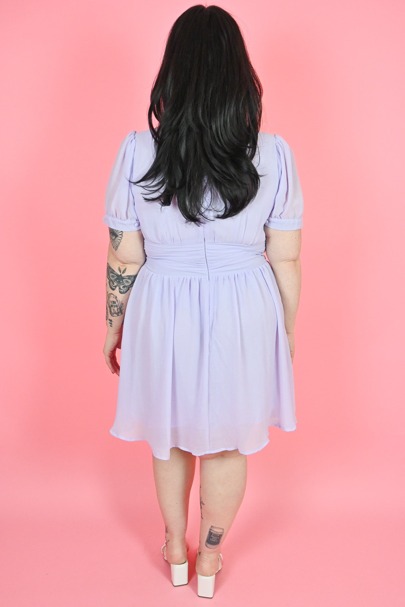 lavender faux wrap mini dress plus size