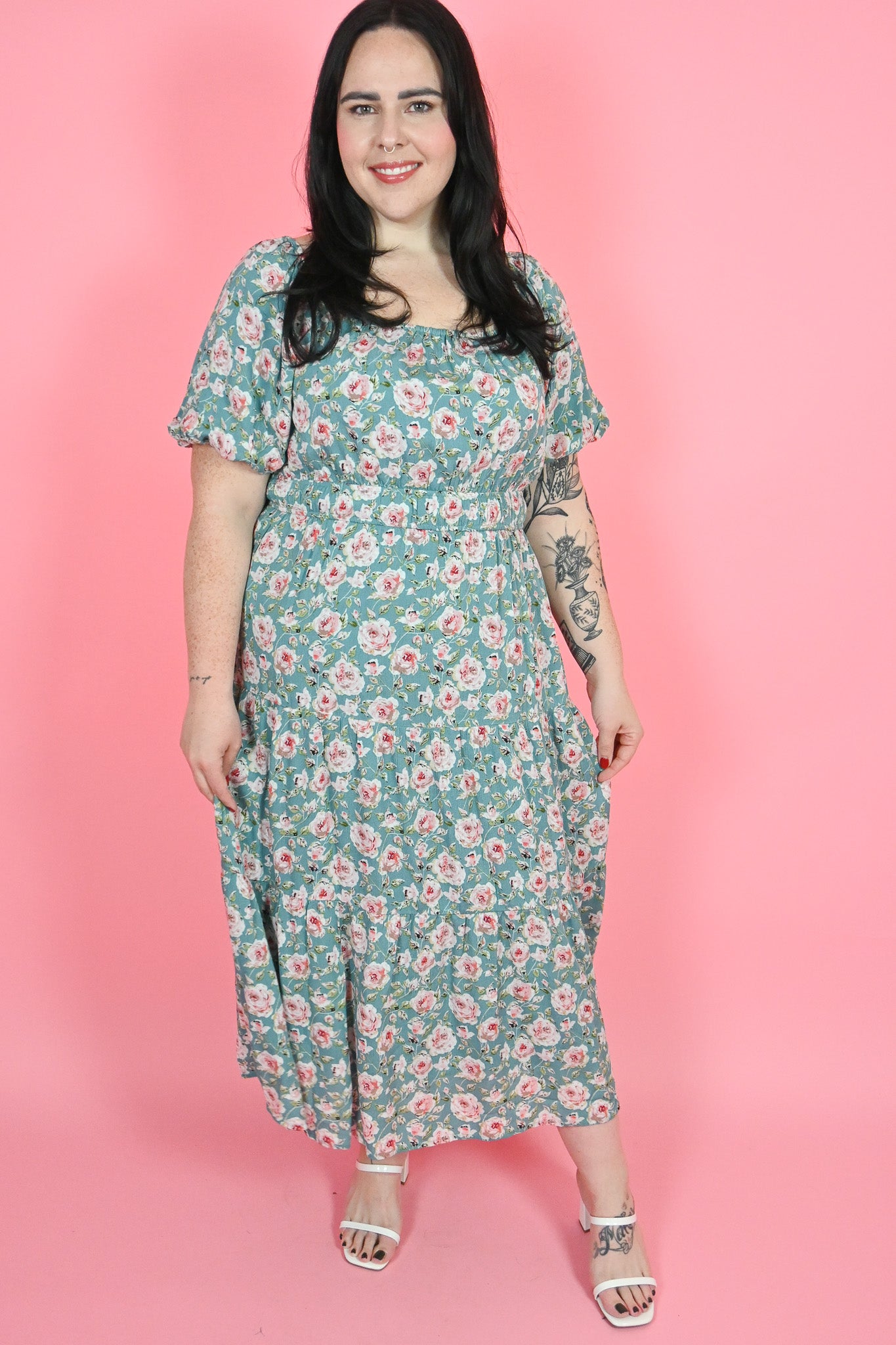 plus size floral dress puff sleeve