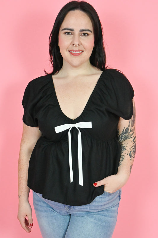 plus size linen style v-neck top with removable bow detail 