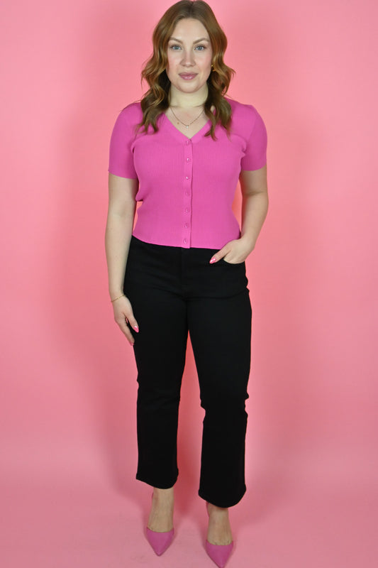 pink ribbed button front short sleeve top