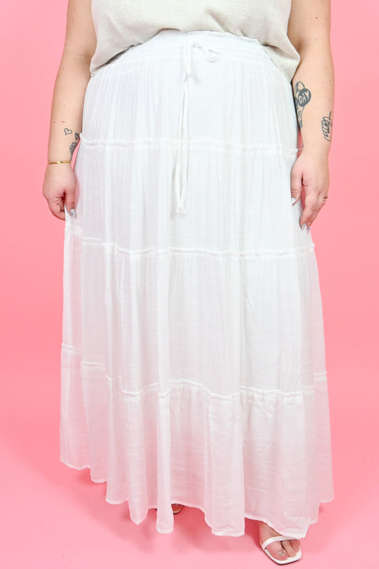 plus size tiered white skirt with drawstring tie