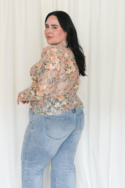 Plus size sheer lace floral top ODDI 