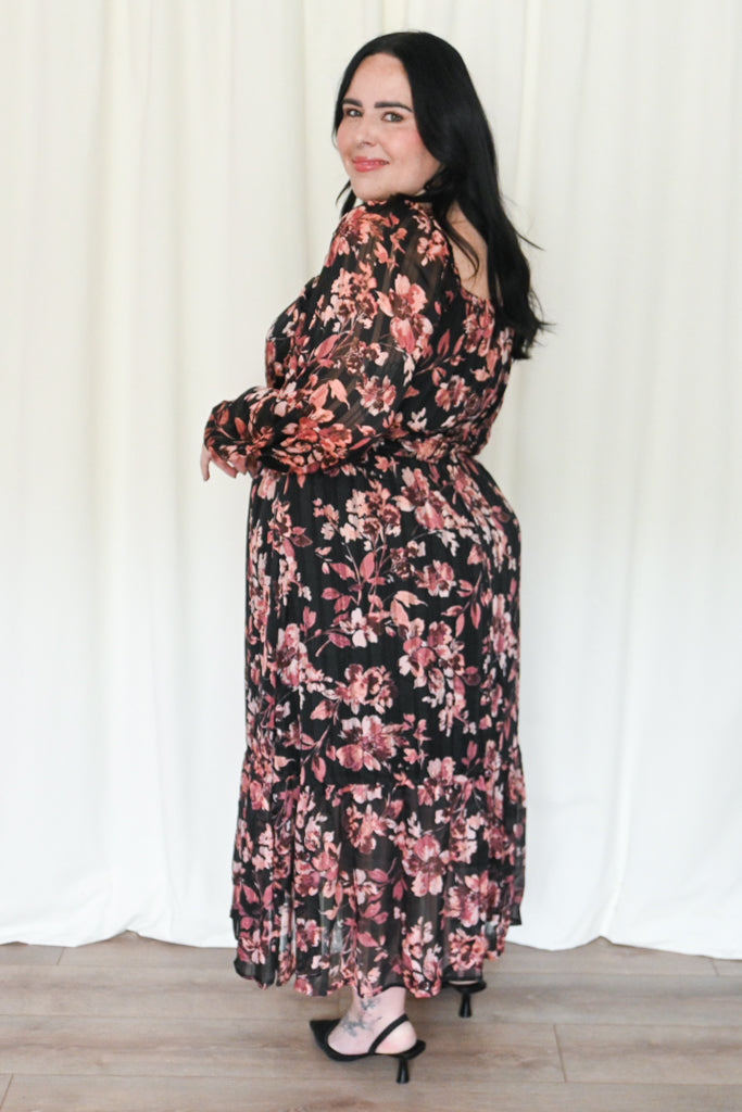 Lurex Floral Long Sleeve Dress (S-3X)
