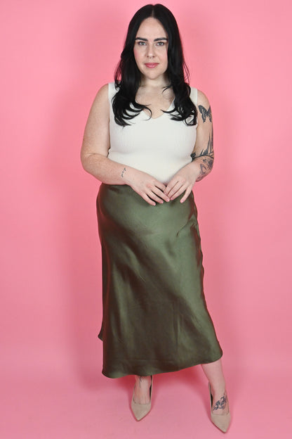 Apricot clothing olive satin midi skirt 