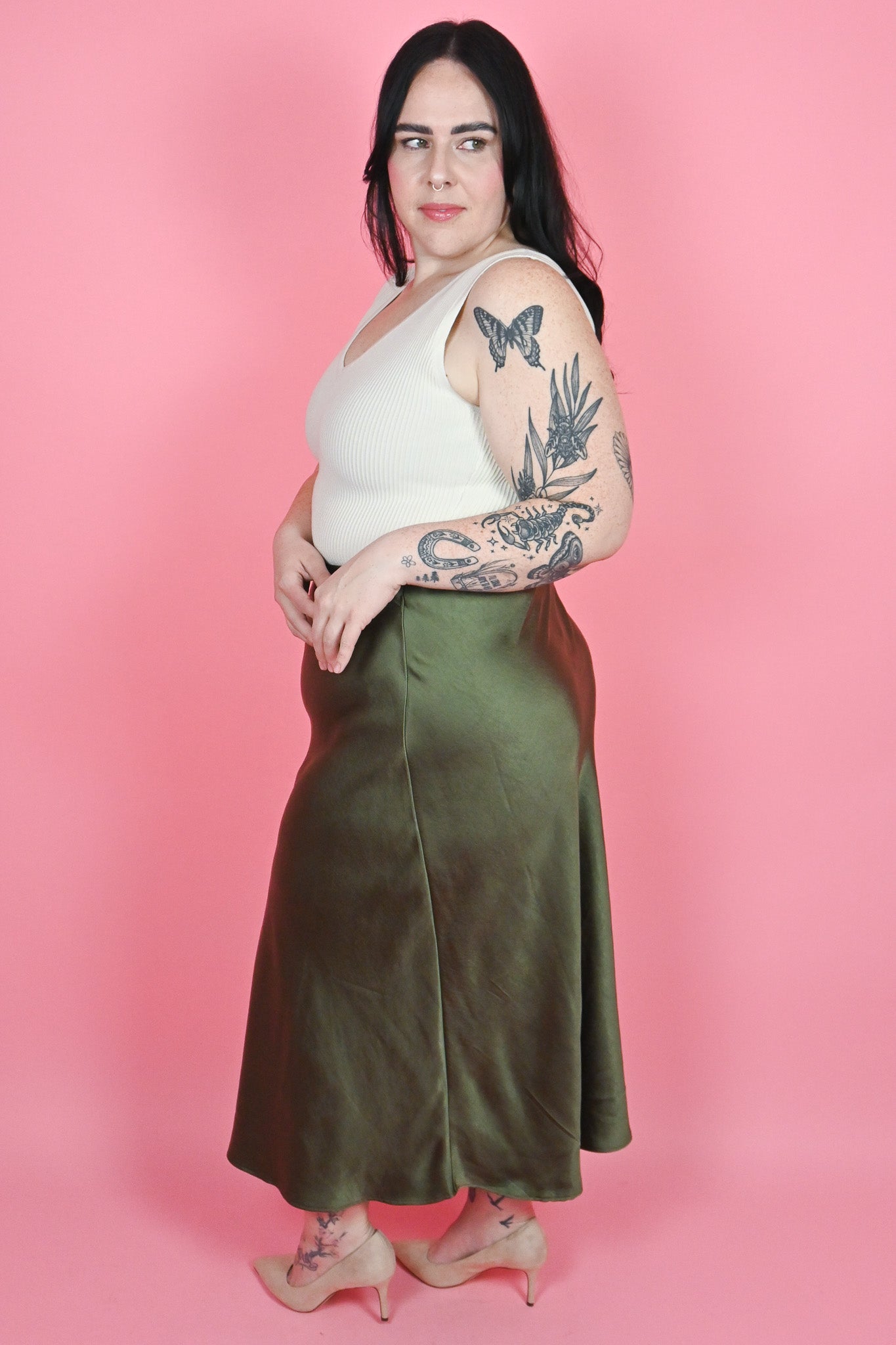 Apricot clothing olive satin midi skirt 