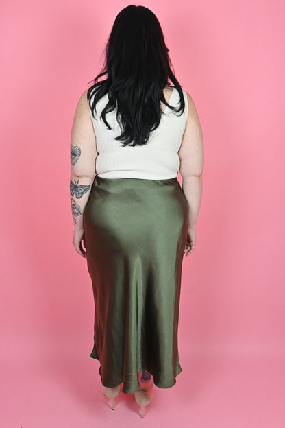 Apricot clothing olive satin midi skirt 