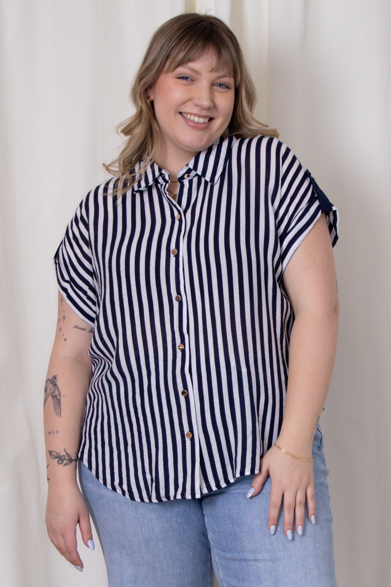 CURVE Stripe Short Sleeve Button Up