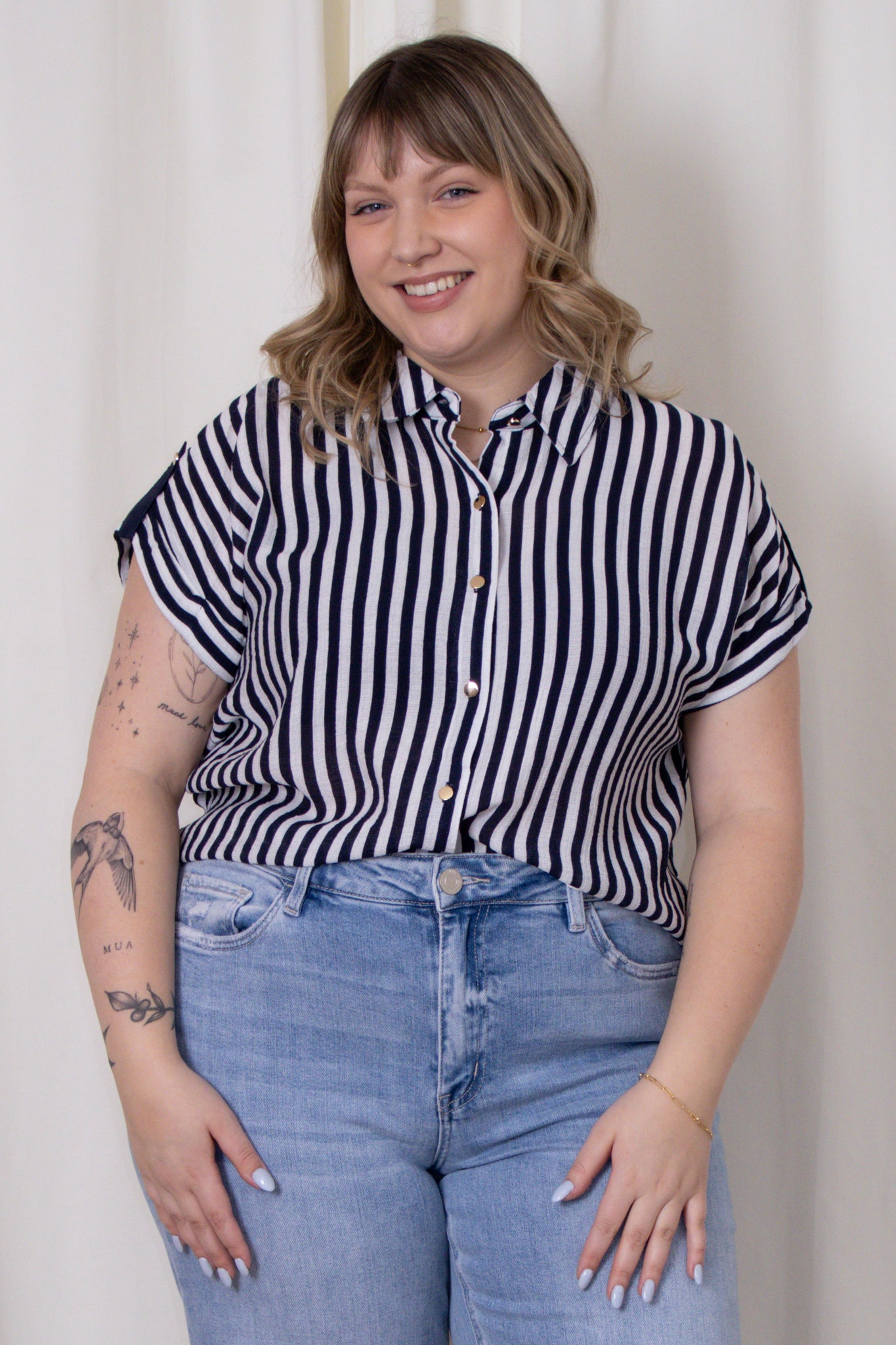 CURVE Stripe Short Sleeve Button Up