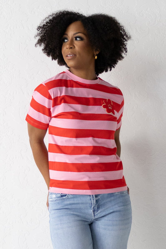 Striped Tee with Flower Applique