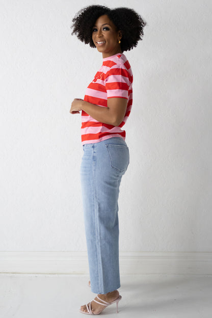 Striped Tee with Flower Applique