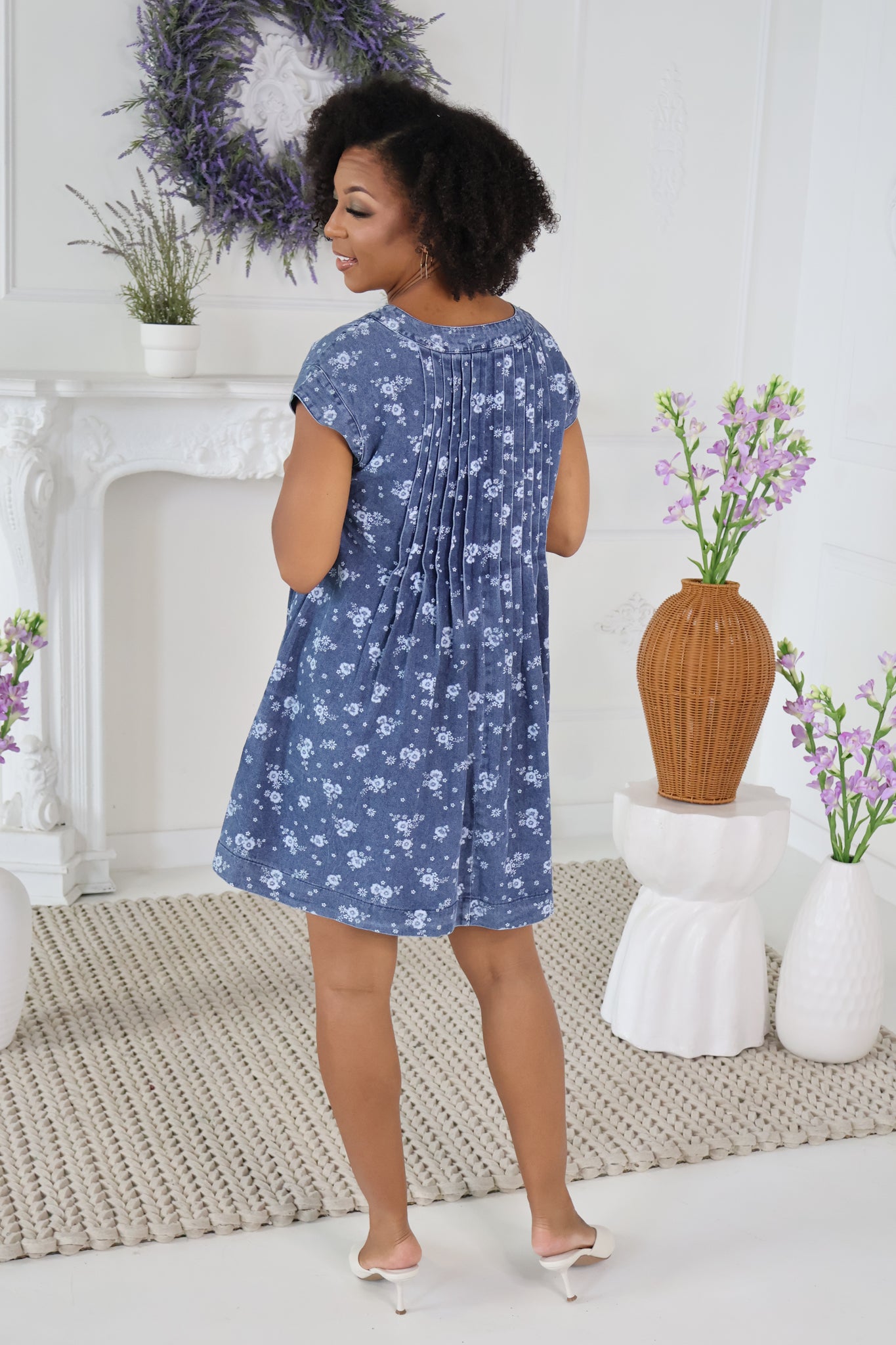 Denim Floral Mini Dress (S-3X)