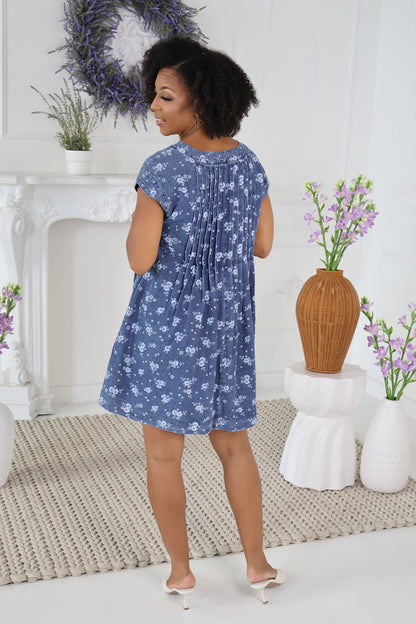 Denim Floral Mini Dress (S-3X)