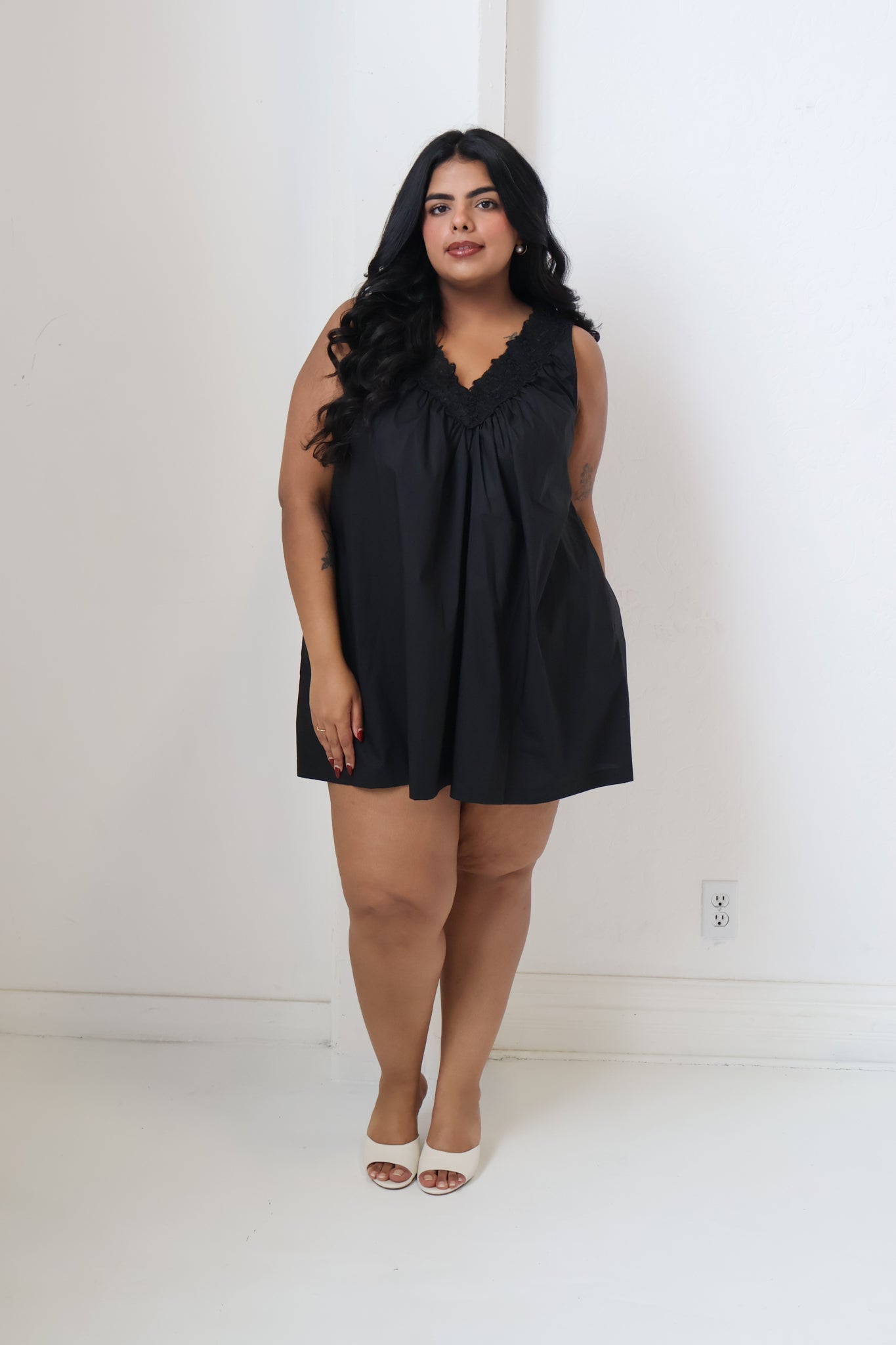 Lace Trim Poplin Mini Dress (S-3X)