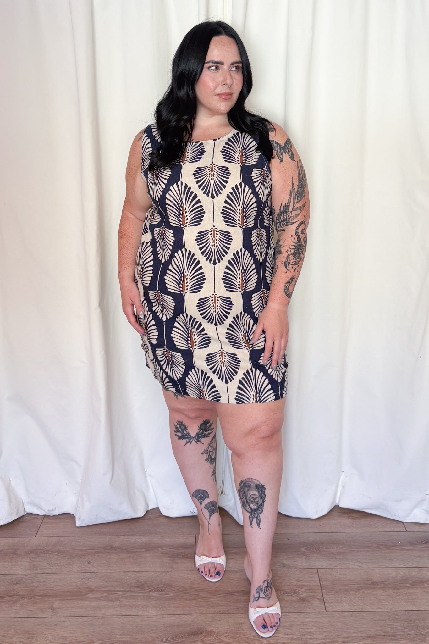 Printed Linen Shift Dress (S-XXL)