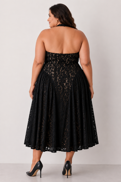 Lace Basque Waist Midi Dress (S-3X)