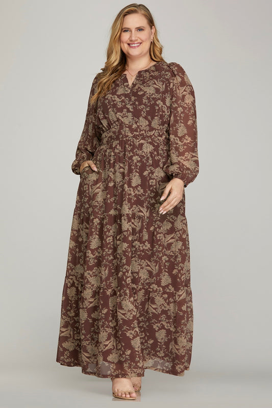 plus size brown floral maxi dress with sleeves and pockets She & Sky