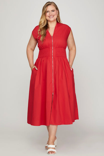 Poplin Zipper Midi Dress (S-2X)