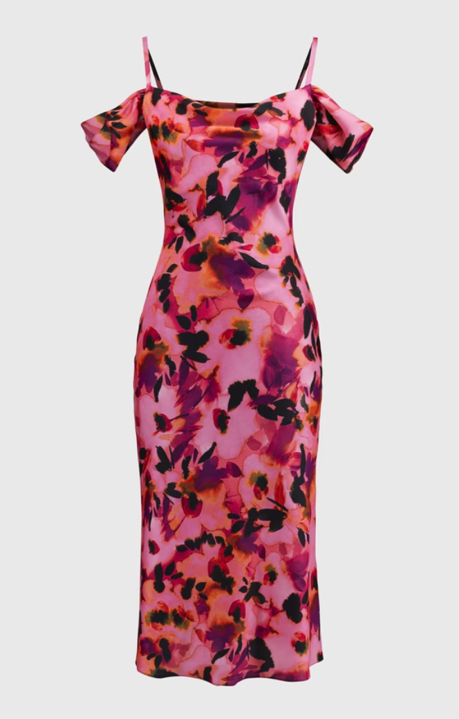 Joseph Ribkoff Off the shoulder floral print pink dress. 