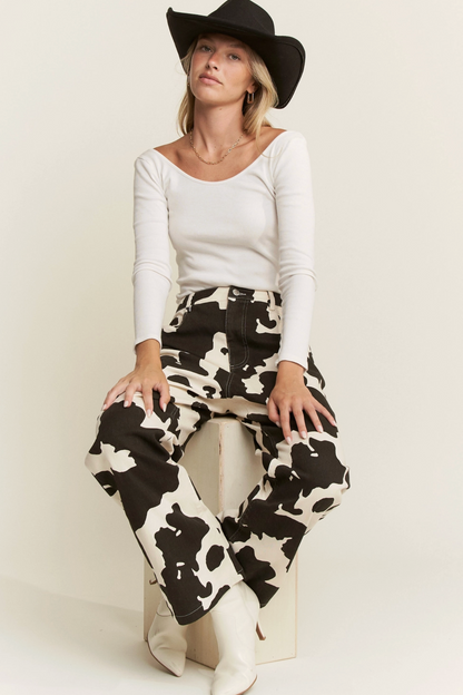 Cow Print Wide Leg Jeans (S-3X)