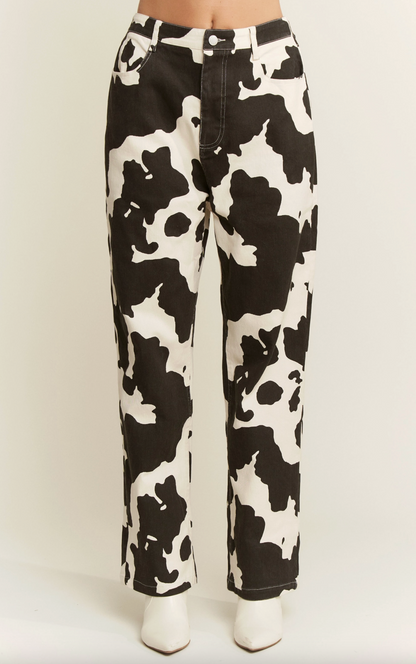 Cow Print Wide Leg Jeans (S-3X)