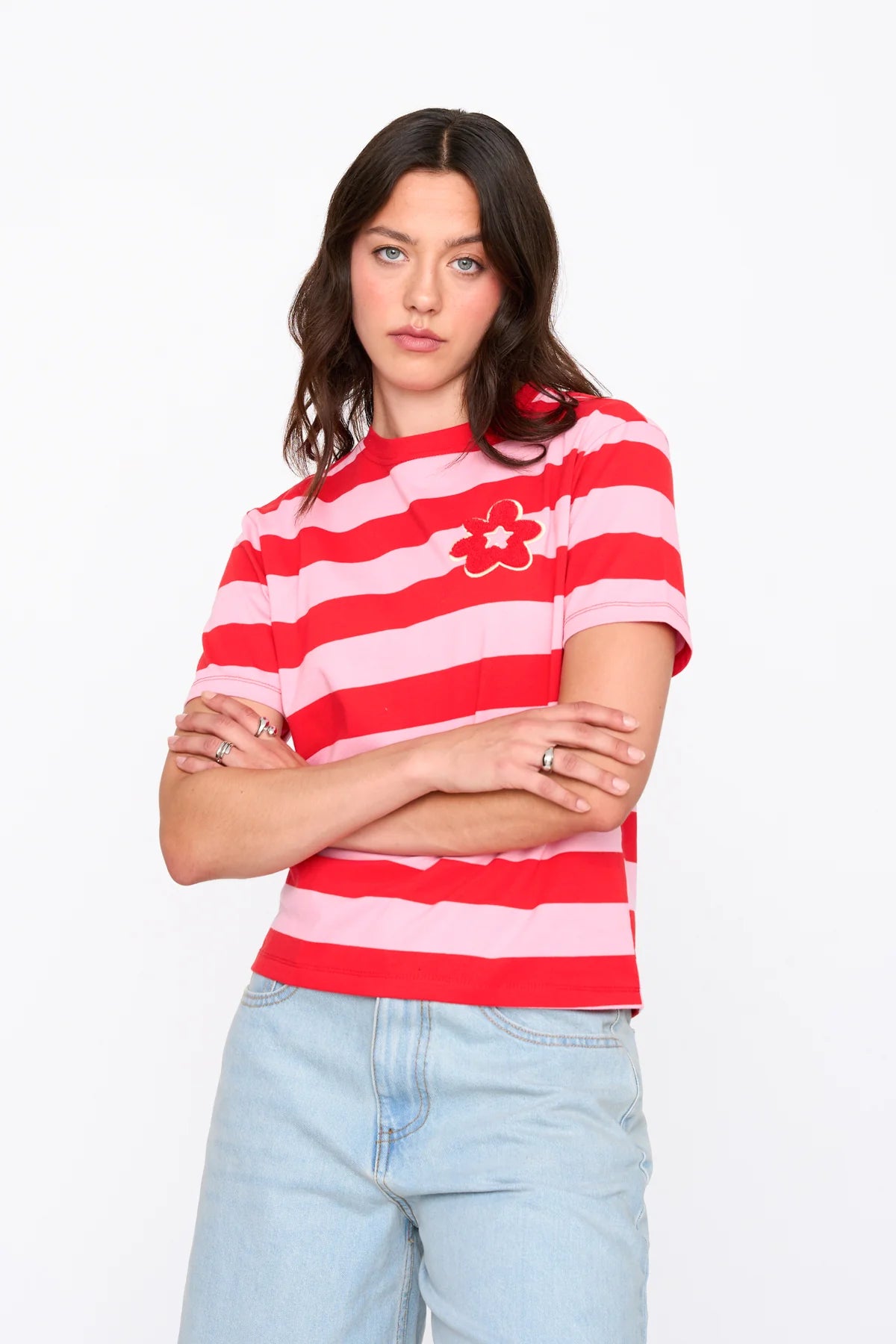 Striped Tee with Flower Applique