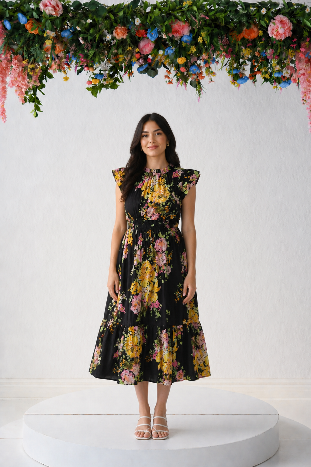 black yellow floral midi dress
