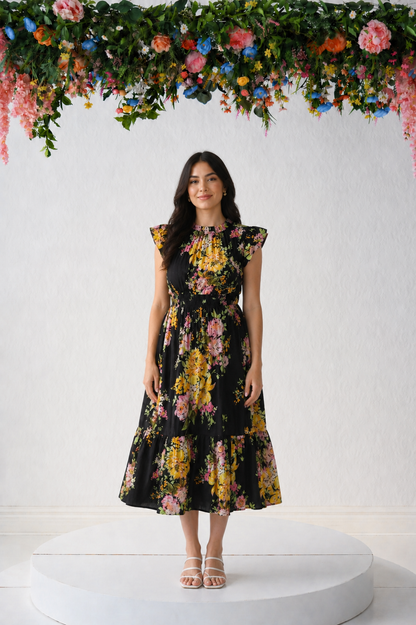 black yellow floral midi dress
