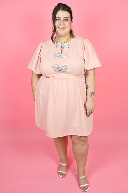 plus size puff sleeve dress with rhinestone bows