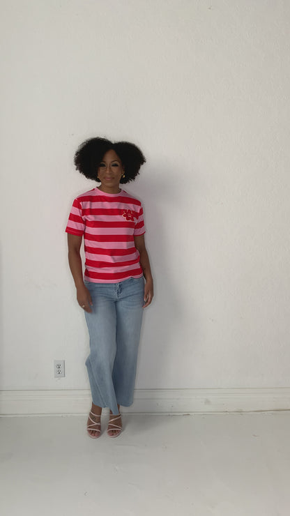 Striped Tee with Flower Applique