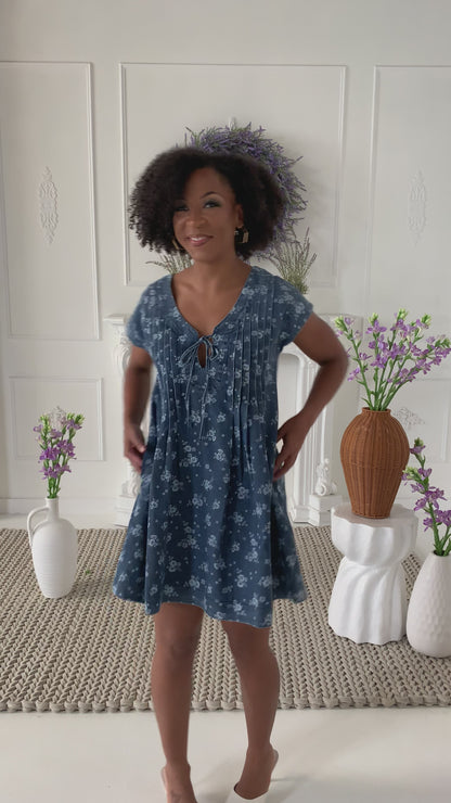 Denim Floral Mini Dress (S-3X)