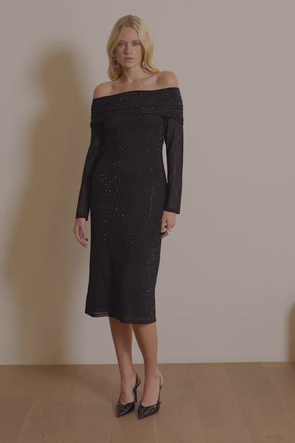CURVE Rhinestone Mesh Off-Shoulder Midi Dress