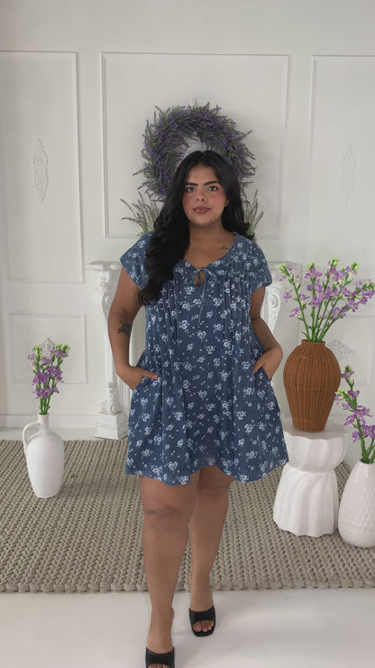 Denim Floral Mini Dress (S-3X)